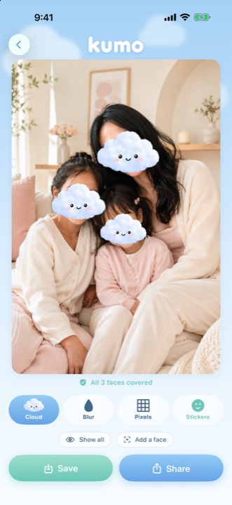 Kumo app — hide faces in one tap