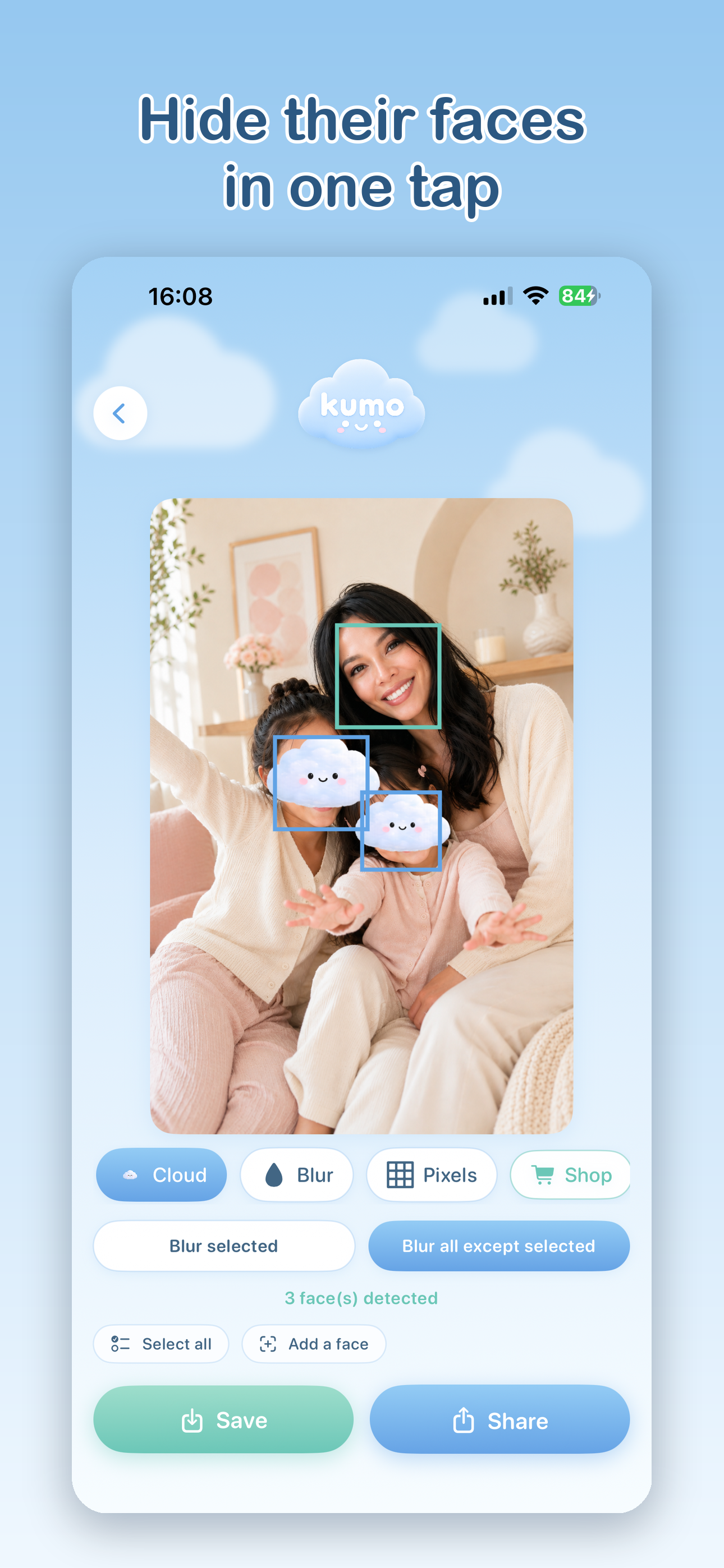 Kumo app — hide faces in one tap